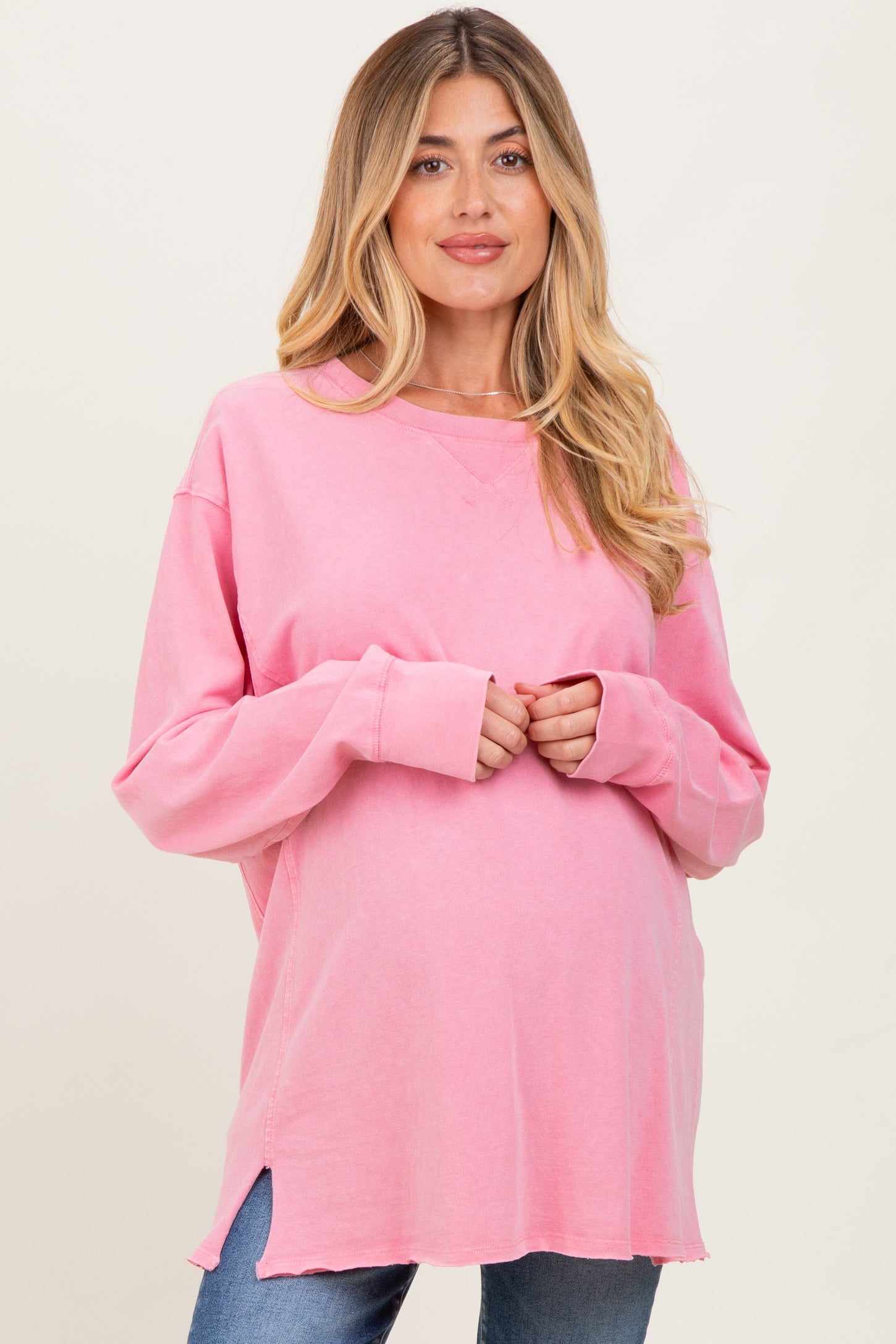 Pink Mineral Washed Drop Shoulder Long Sleeve Maternity Top