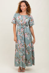 Light Olive Floral Flutter Sleeve Maxi Dress