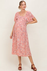Pink Floral Smocked Maternity Midi Dress