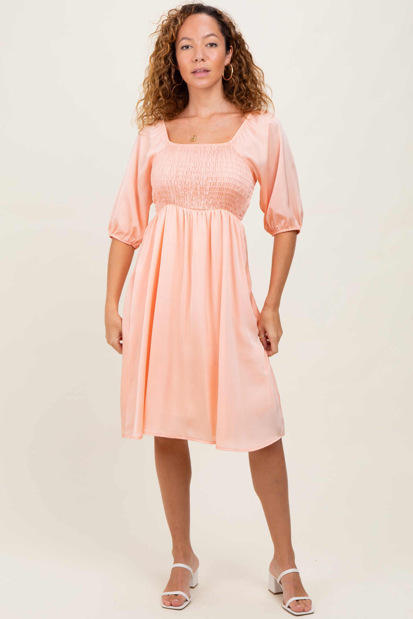 Peach Satin Smocked Maternity Midi Dress