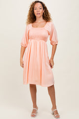 Peach Satin Smocked Maternity Midi Dress
