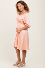 Peach Satin Smocked Midi Dress