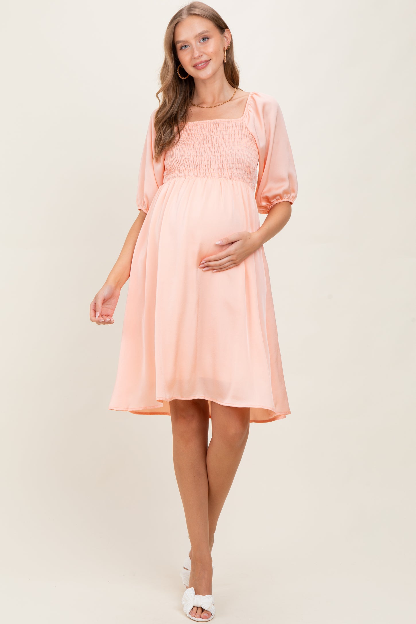 Peach Satin Smocked Maternity Midi Dress