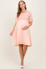 Peach Satin Smocked Maternity Midi Dress