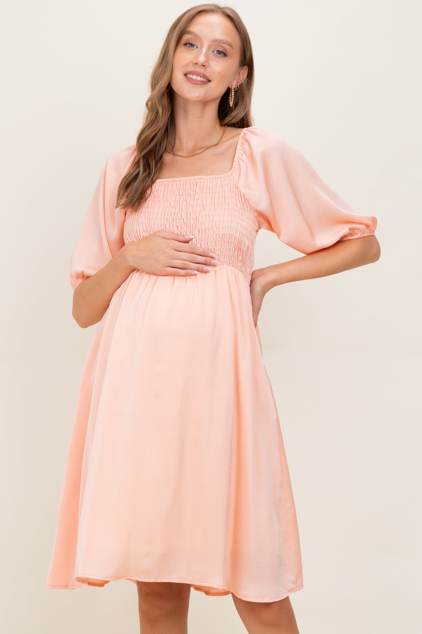 Peach Satin Smocked Maternity Midi Dress