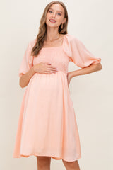 Peach Satin Smocked Maternity Midi Dress