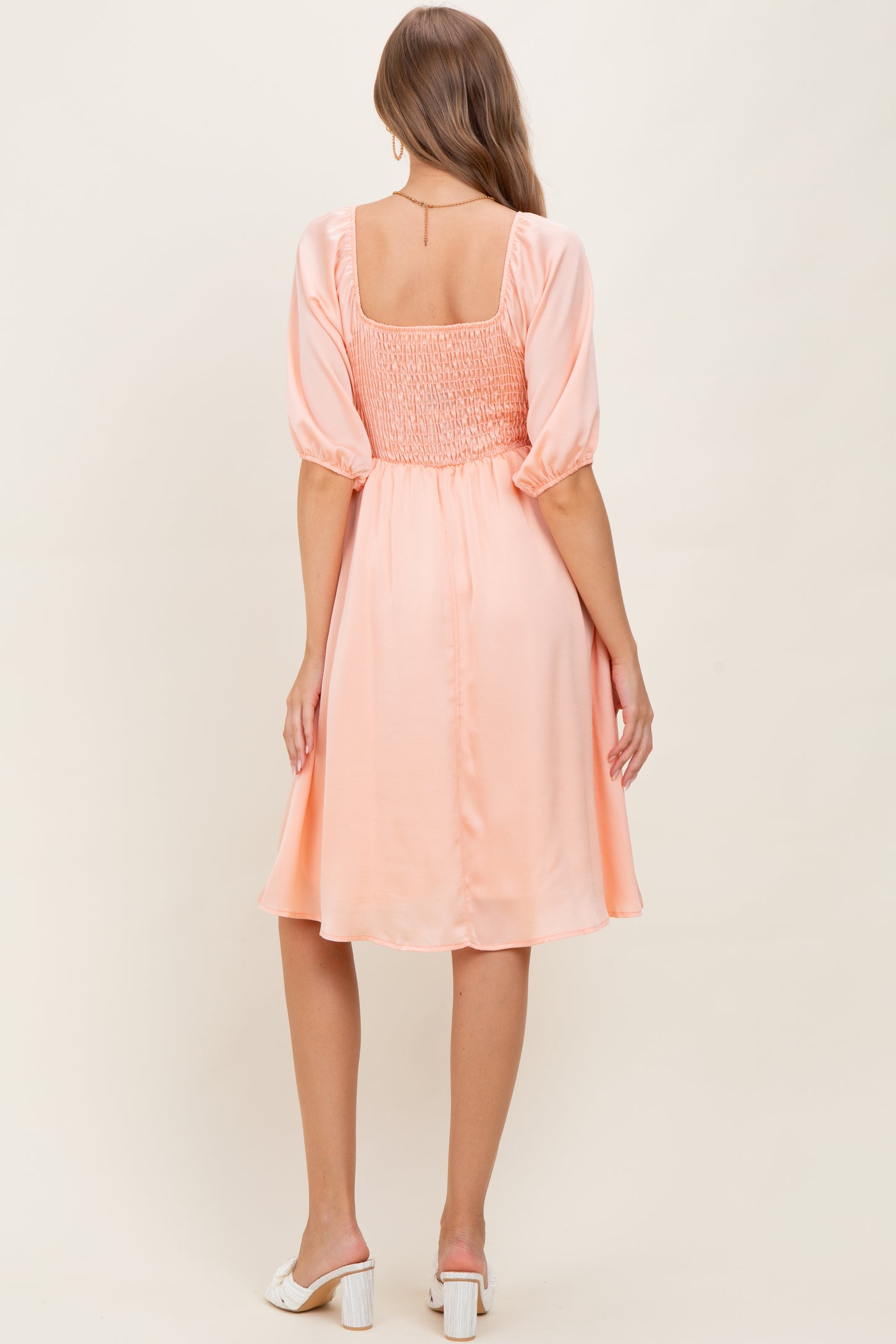 Peach Satin Smocked Maternity Midi Dress