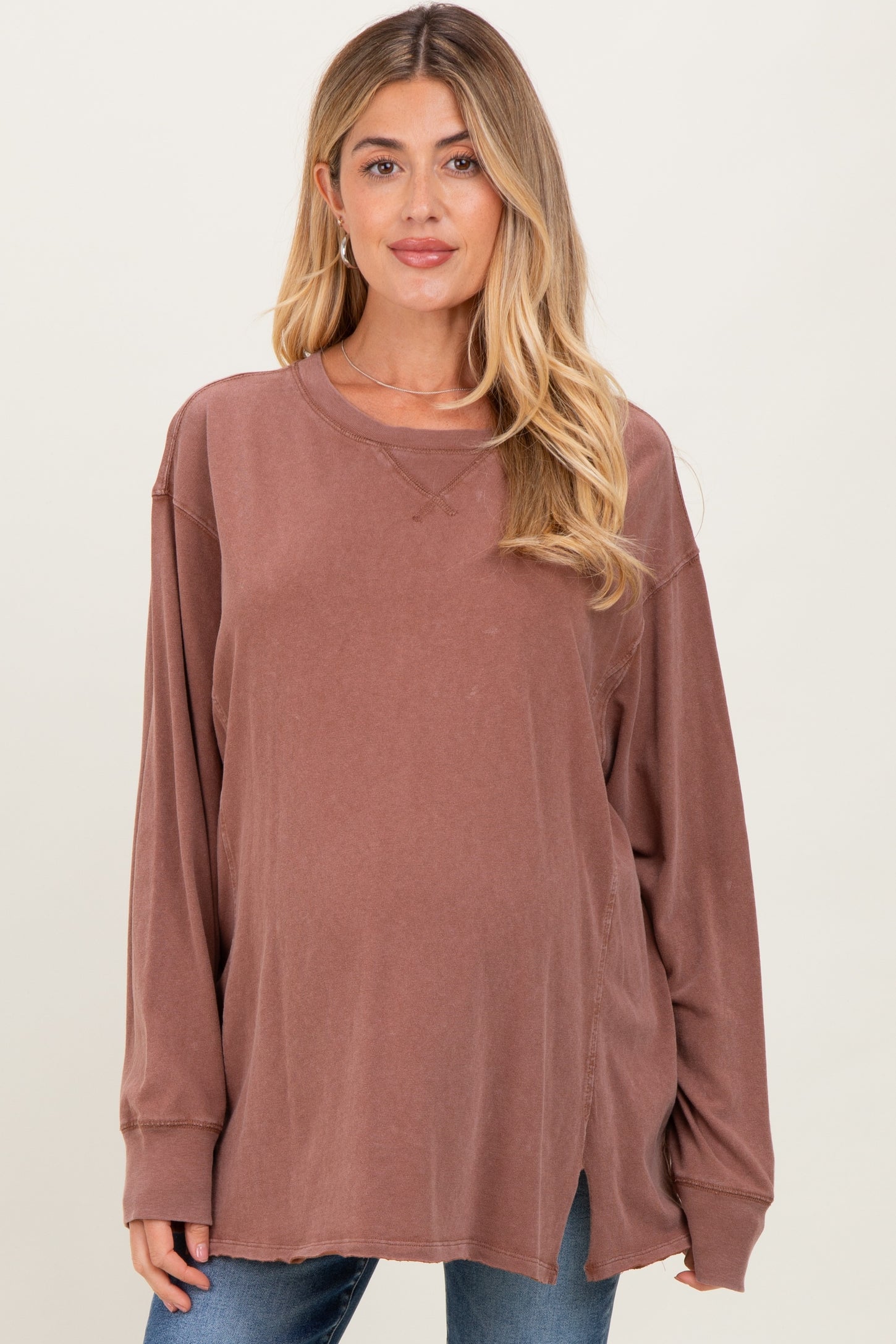 Camel Mineral Washed Drop Shoulder Long Sleeve Maternity Top