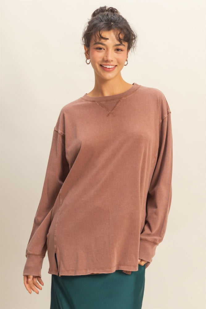 Camel Mineral Washed Drop Shoulder Long Sleeve Top