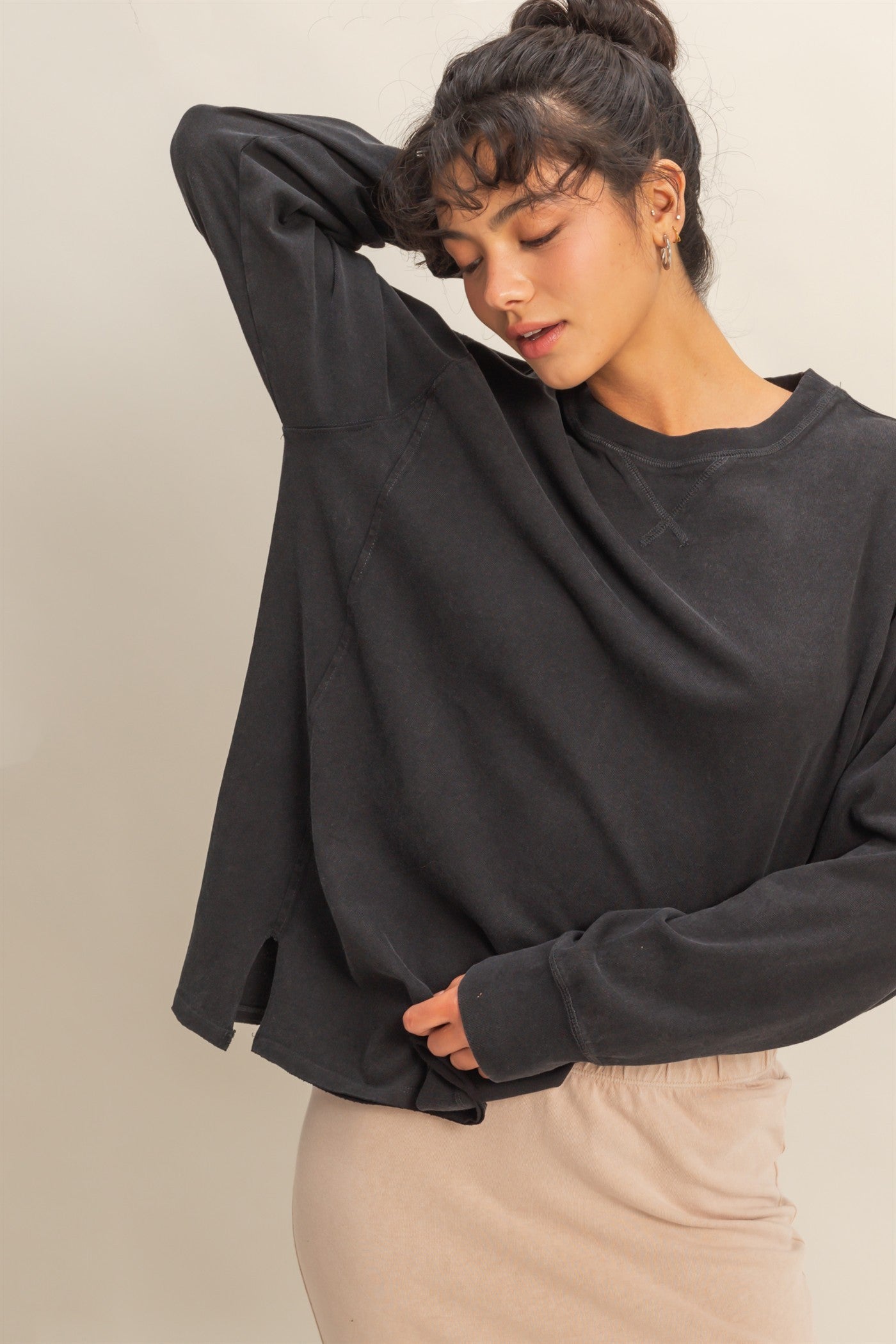 Black Mineral Washed Drop Shoulder Long Sleeve Maternity Top