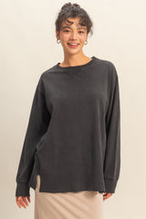 Black Mineral Washed Drop Shoulder Long Sleeve Top