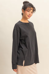 Black Mineral Washed Drop Shoulder Long Sleeve Top
