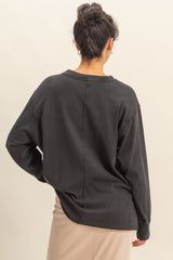 Black Mineral Washed Drop Shoulder Long Sleeve Top