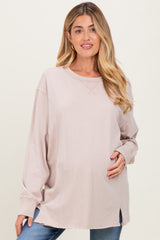 Beige Mineral Washed Drop Shoulder Long Sleeve Maternity Top