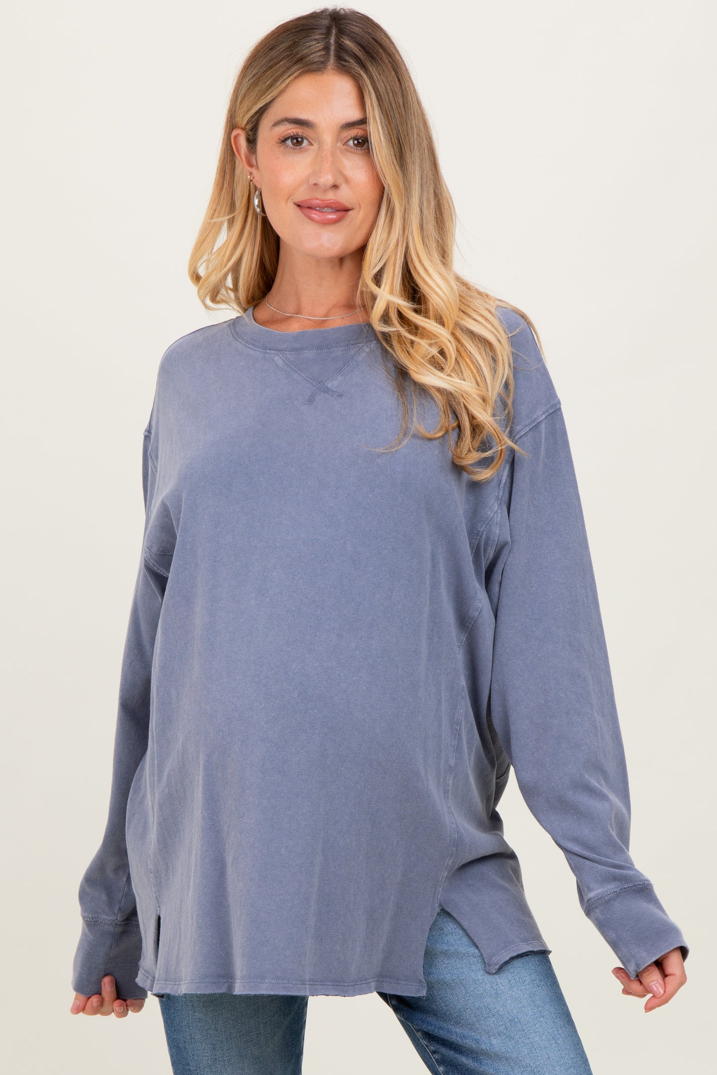 Navy Mineral Washed Drop Shoulder Long Sleeve Maternity Top