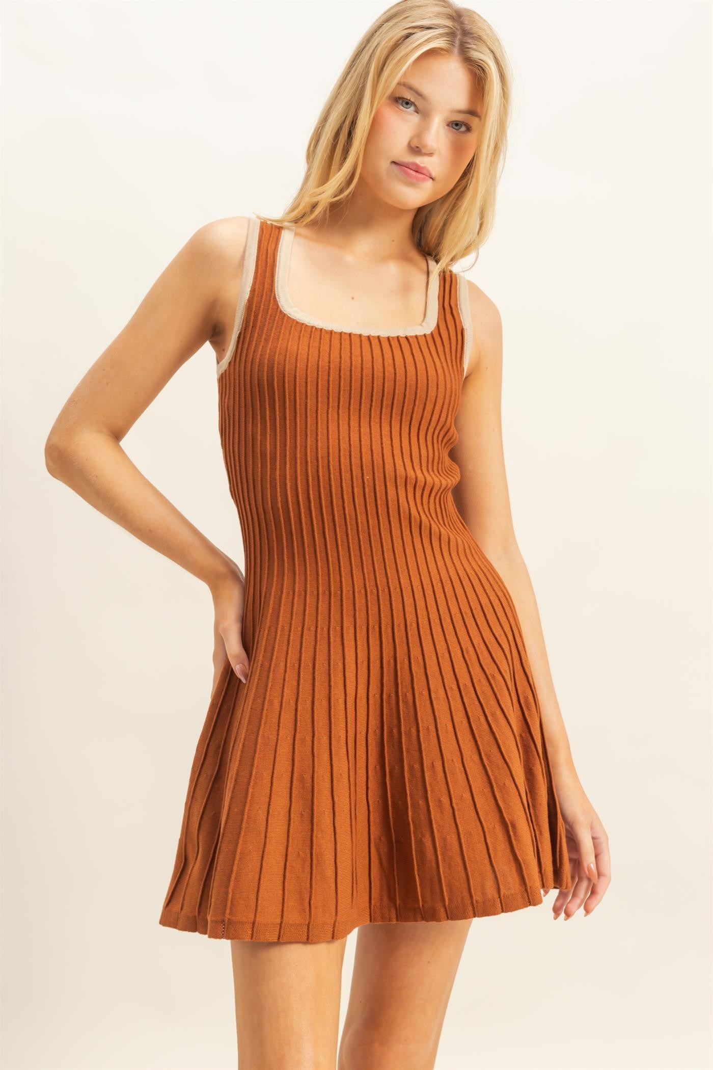 Rust Sleeveless Ribbed Flare Maternity Dress