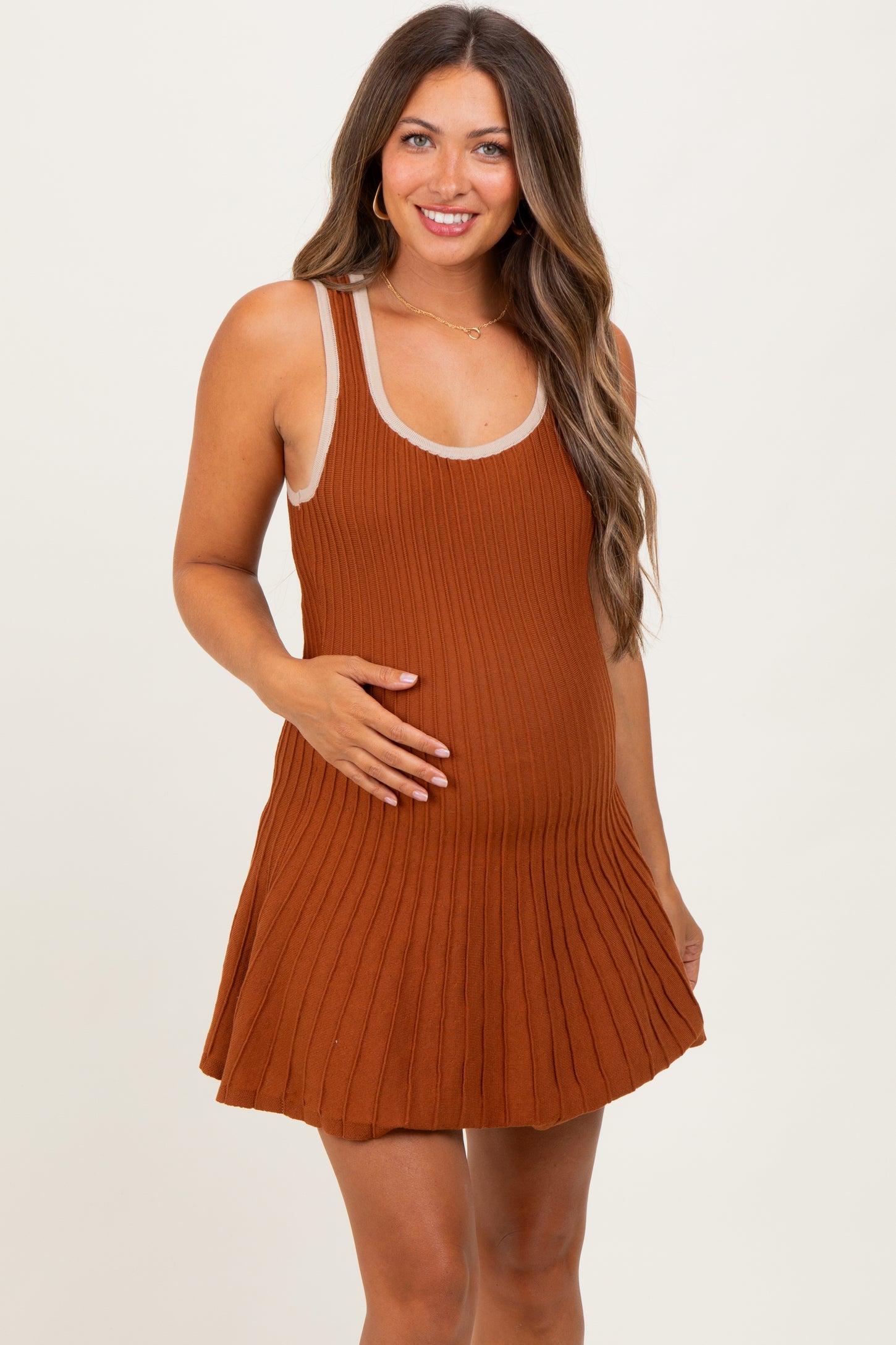 Rust Sleeveless Ribbed Flare Maternity Dress