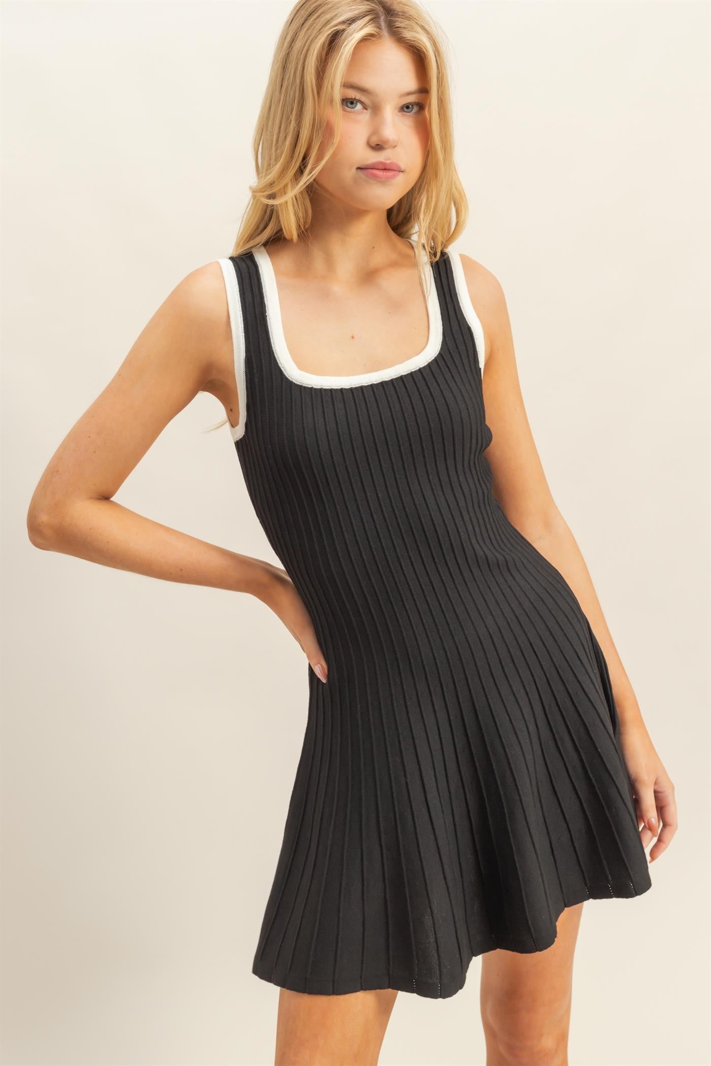 Black Sleeveless Ribbed Flare Dress