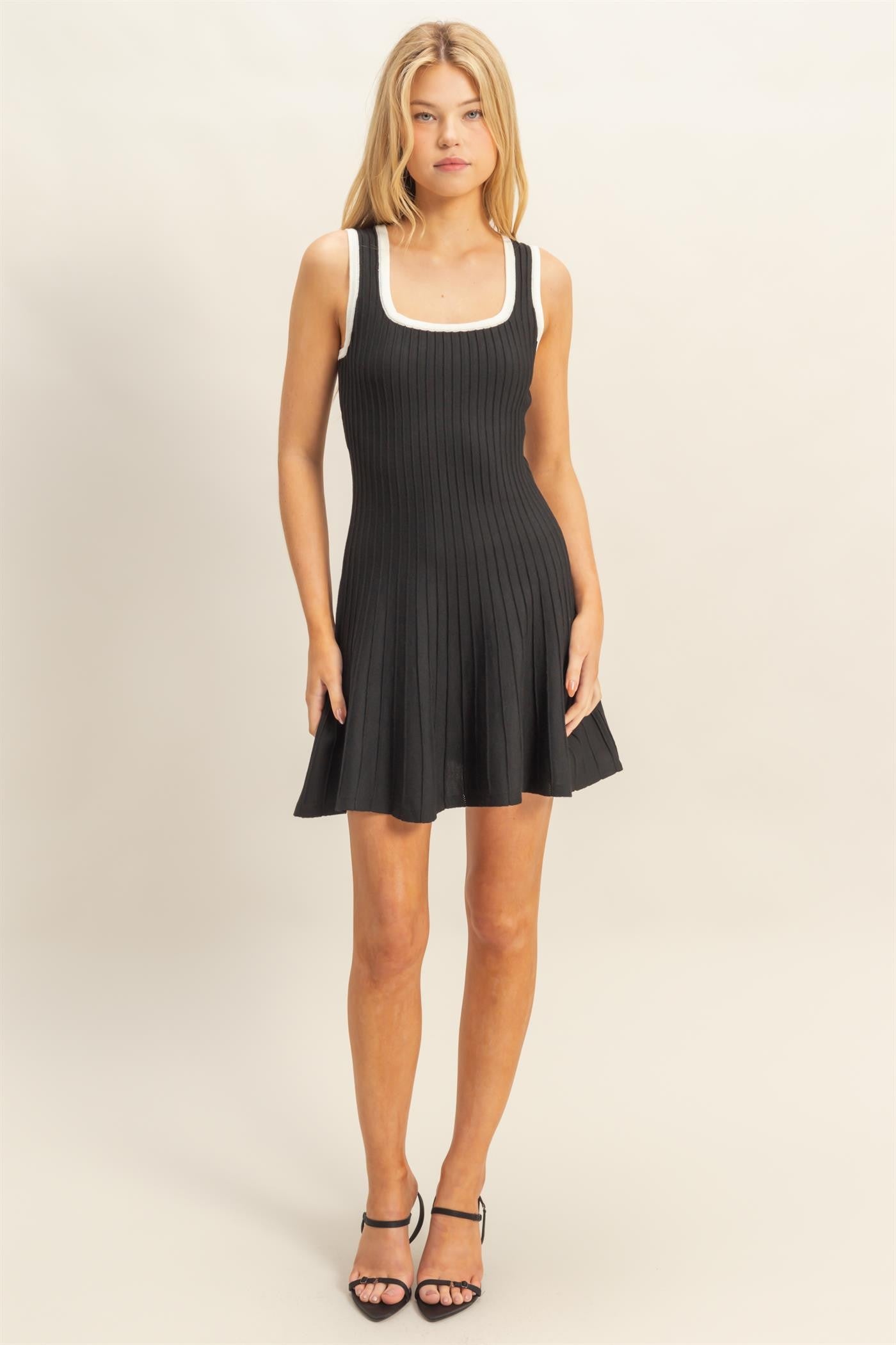Black Sleeveless Ribbed Flare Dress
