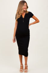 Black Ribbed Knit Maternity Midi Polo Dress