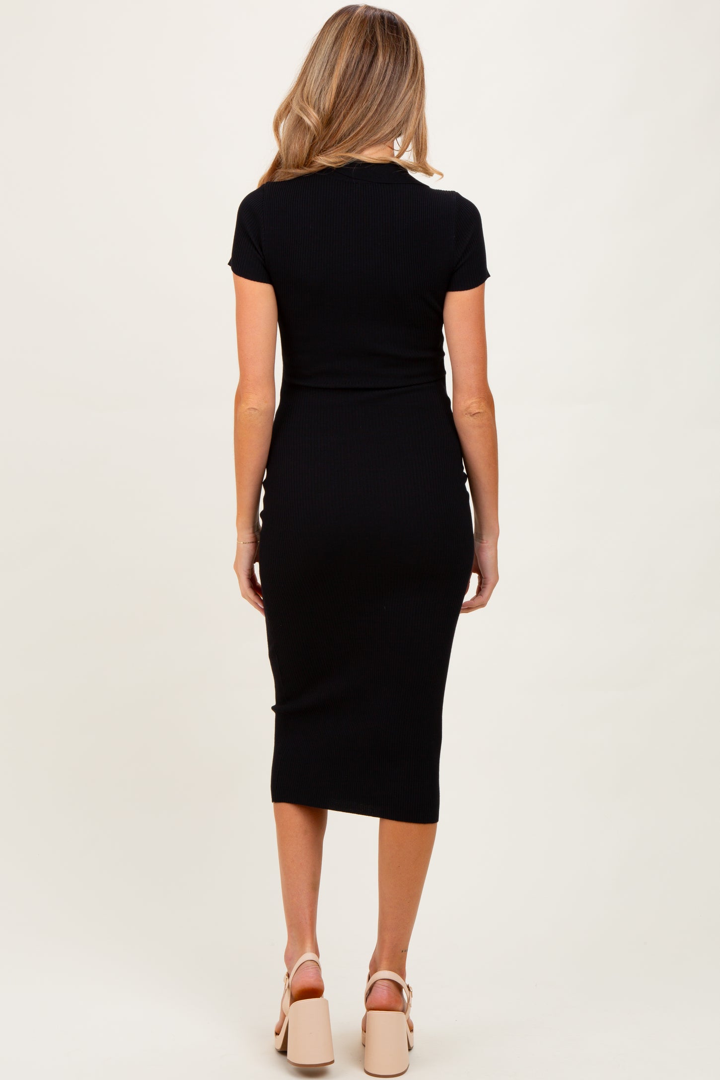 Black Ribbed Knit Maternity Midi Polo Dress Black Ribbed Knit Maternity Midi Polo Dress