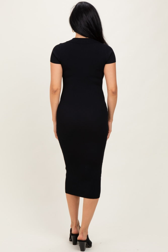 Black Ribbed Knit Midi Polo Dress
