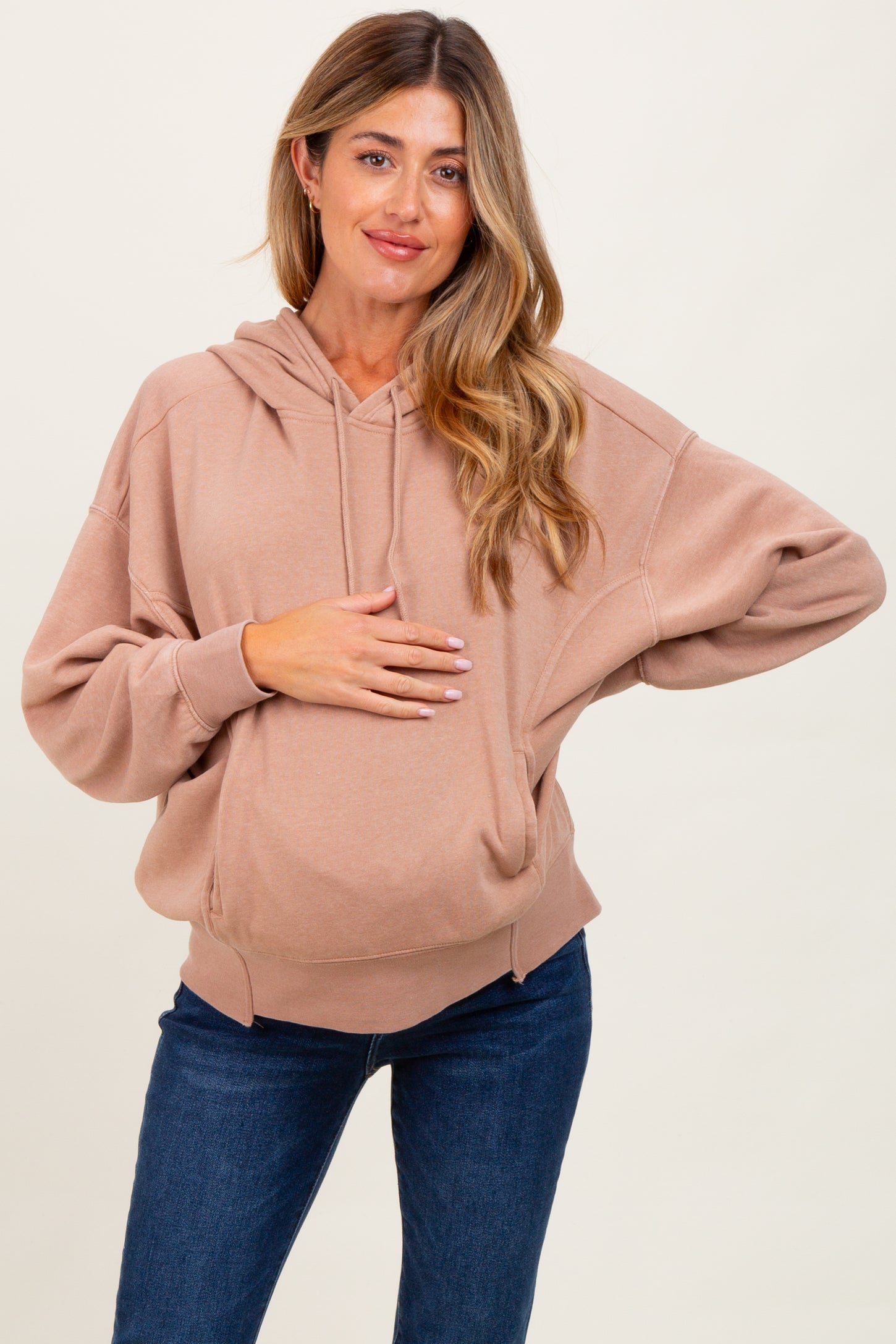 Beige Drop Shoulder Long Sleeve Oversized Maternity Hoodie