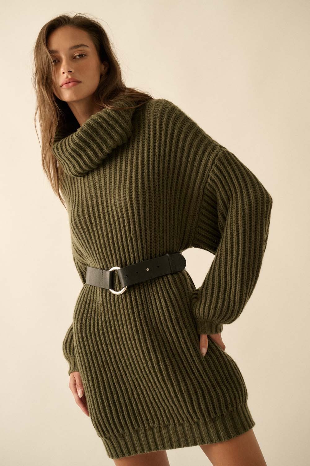 Olive Turtleneck Puff Sleeve Sweater Dress  PinkBlush