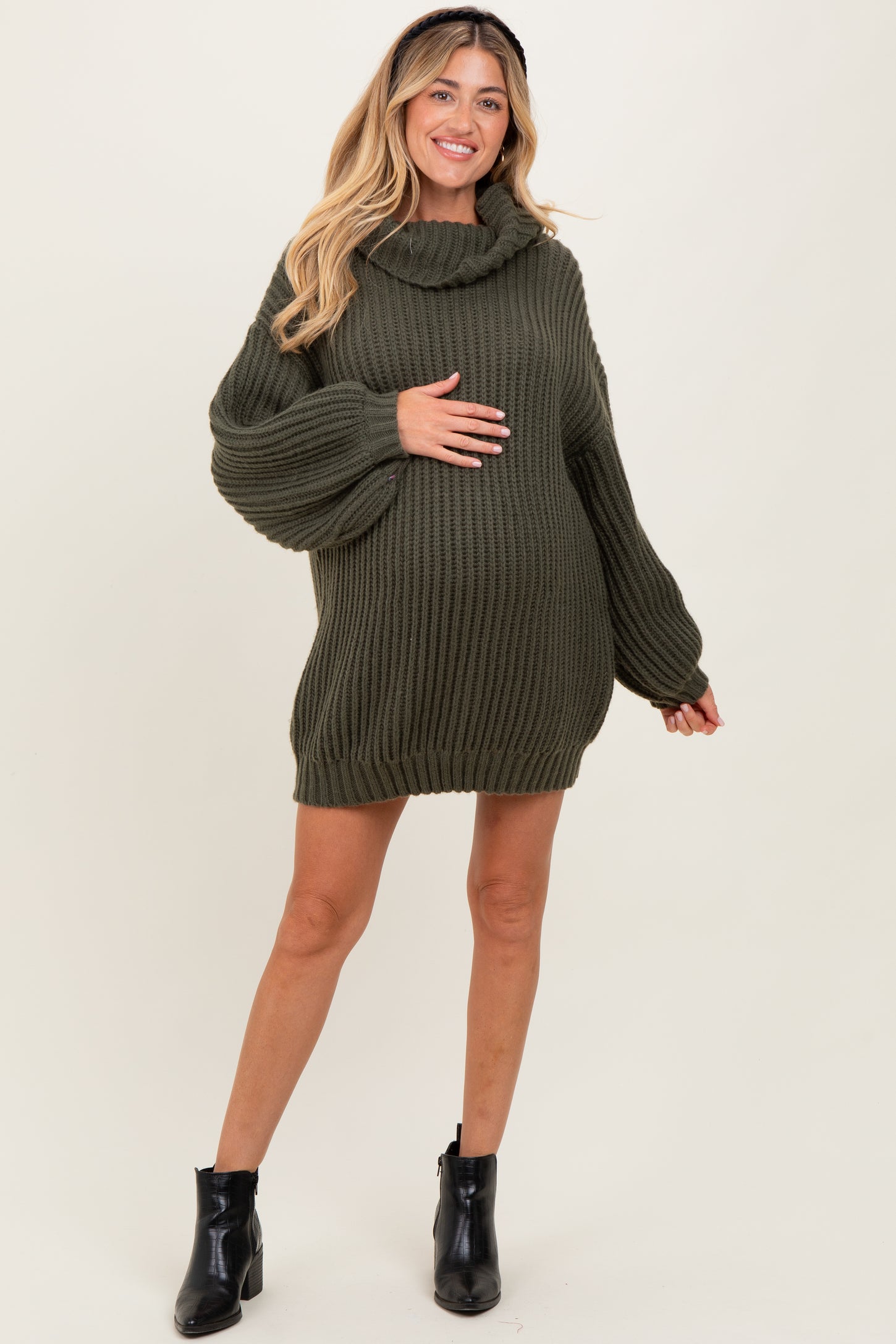 Olive Turtleneck Puff Sleeve Maternity Sweater Dress
