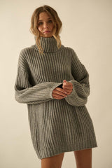 Grey Turtleneck Puff Sleeve Sweater Dress