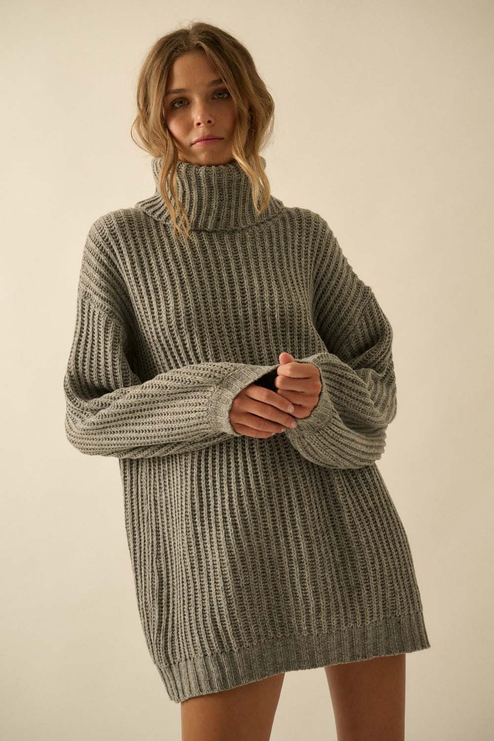 Grey Turtleneck Puff Sleeve Maternity Sweater Dress