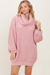 Pink Turtleneck Puff Sleeve Maternity Sweater Dress
