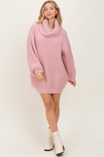 Pink Turtleneck Puff Sleeve Sweater Dress