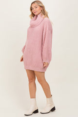 Pink Turtleneck Puff Sleeve Sweater Dress