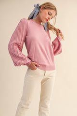 Pink Ribbed Bubble Sleeve Knit Top