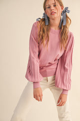 Pink Ribbed Bubble Sleeve Knit Top