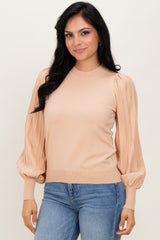 Beige Ribbed Bubble Sleeve Maternity Knit Top