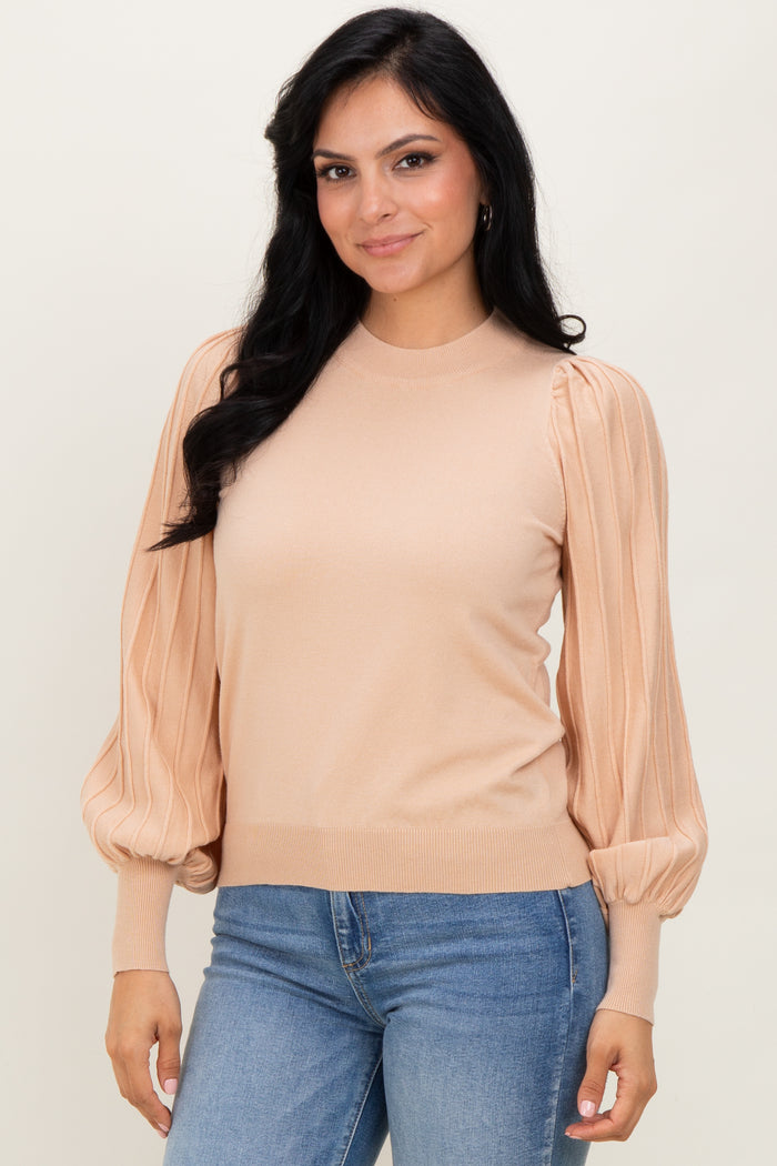 Beige Ribbed Bubble Sleeve Maternity Knit Top