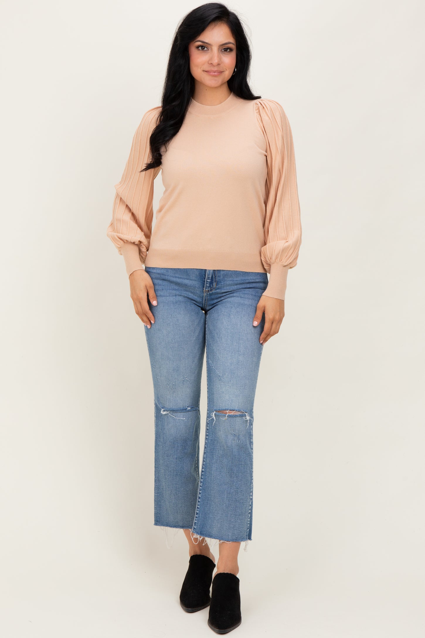 Beige Ribbed Bubble Sleeve Knit Top