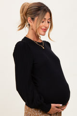 Black Ribbed Bubble Sleeve Maternity Knit Top