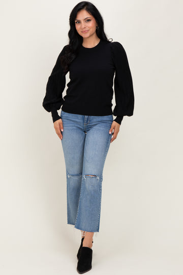 Black Ribbed Bubble Sleeve Knit Top