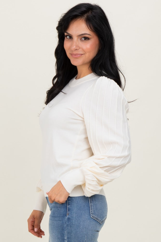 Ivory Ribbed Bubble Sleeve Knit Top
