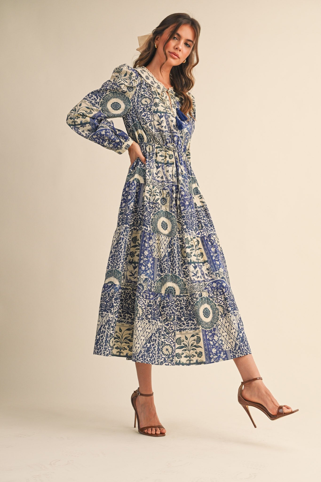 Blue Floral Patchwork Print Front Tie Midi Dress PinkBlush Blue Floral Patchwork Print Front Tie Midi Dress PinkBlush