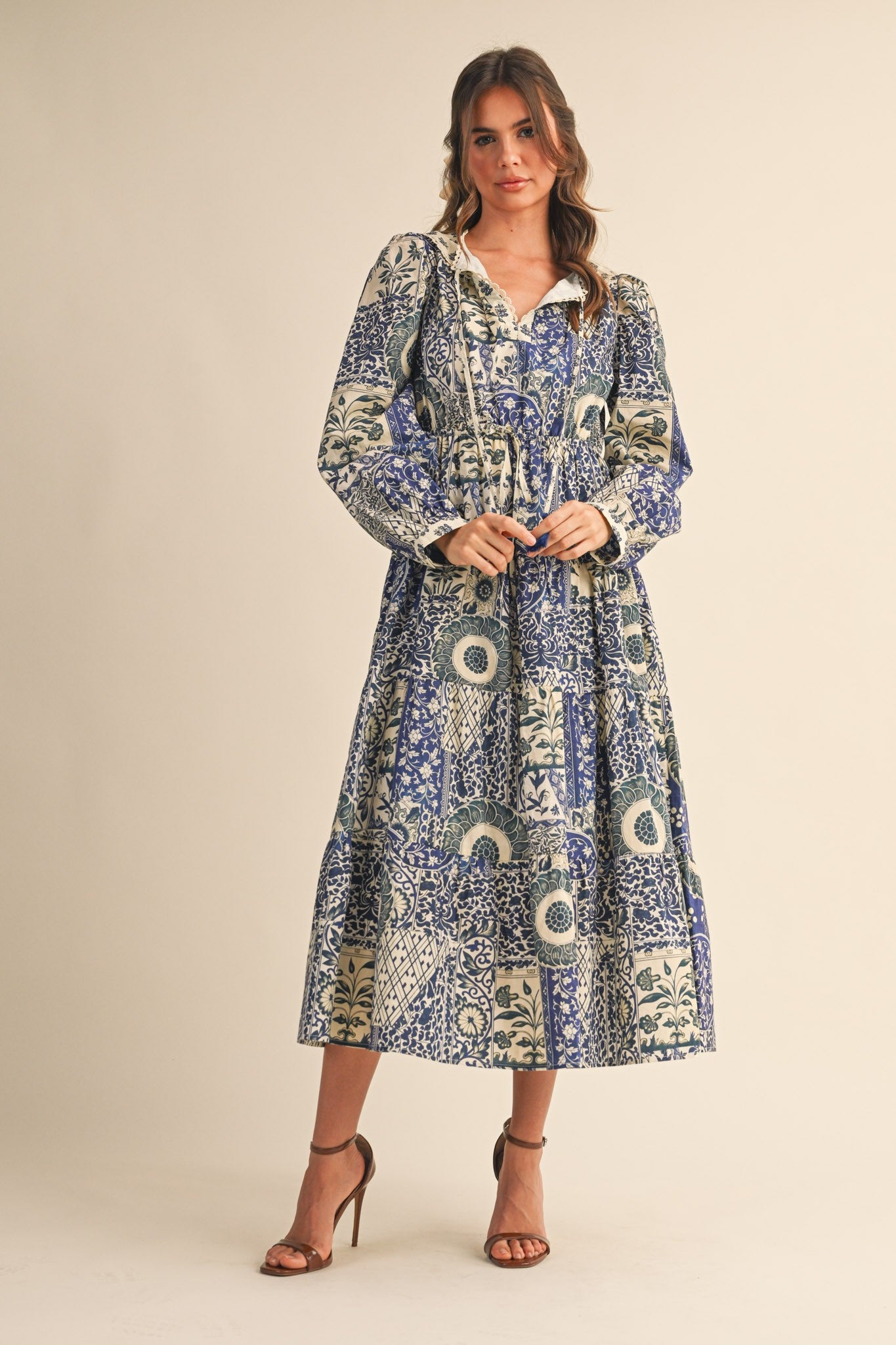 Blue Floral Patchwork Print Front Tie Maternity Midi Dress – PinkBlush