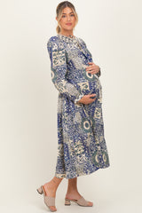 Blue Floral Patchwork Print Front Tie Maternity Midi Dress