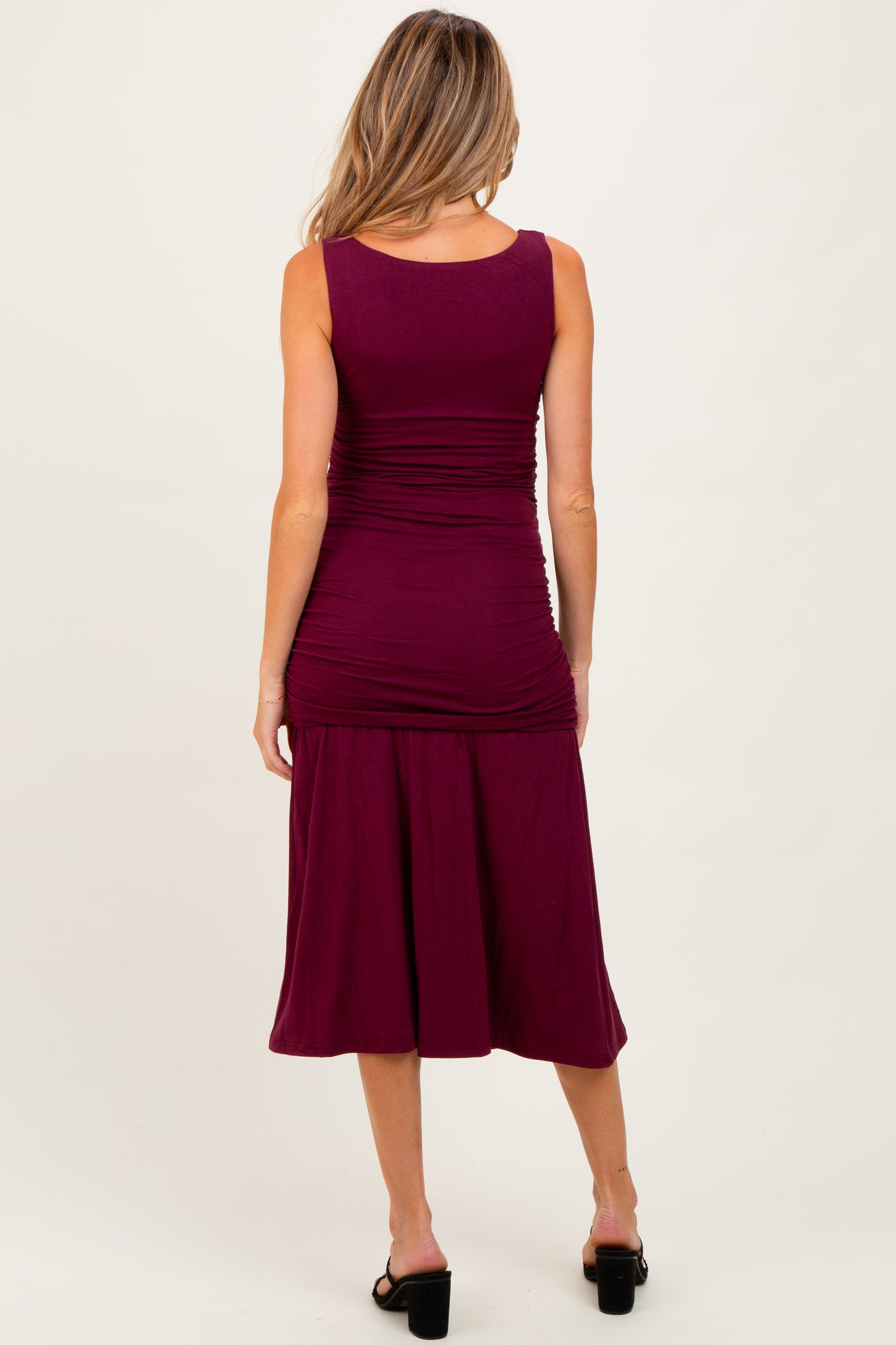 Burgundy Ruched Drop Waist Sleeveless Maternity Midi Dress PinkBlush Burgundy Ruched Drop Waist Sleeveless Maternity Midi Dress PinkBlush