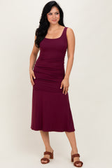 Burgundy Ruched Drop Waist Sleeveless Maternity Midi Dress