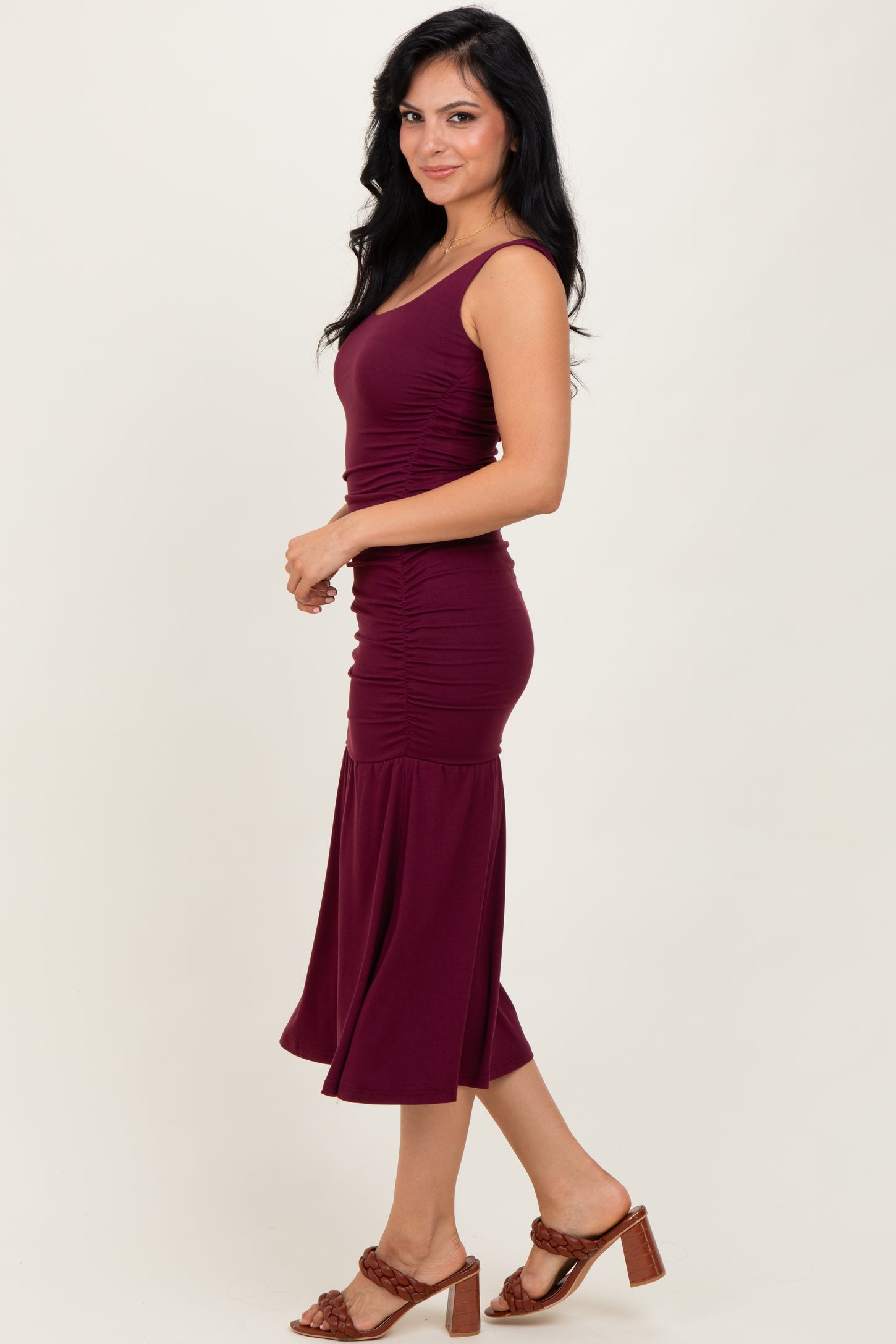 Burgundy Ruched Drop Waist Sleeveless Midi Dress Burgundy Ruched Drop Waist Sleeveless Midi Dress