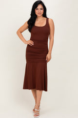 Brown Ruched Drop Waist Sleeveless Maternity Midi Dress