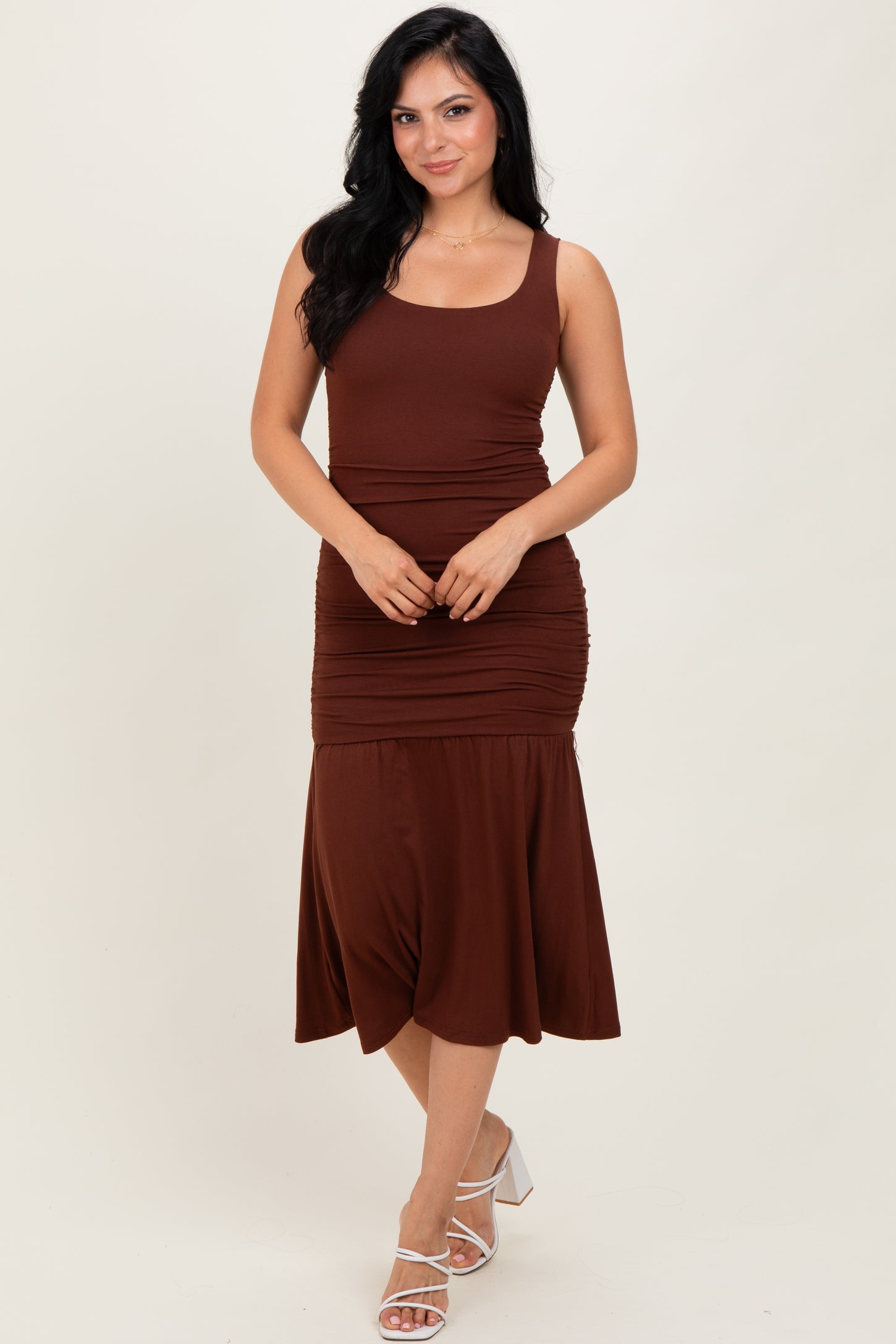 brown drop waist midi dress Women's Drop Waist Knit Midi Slip Dress